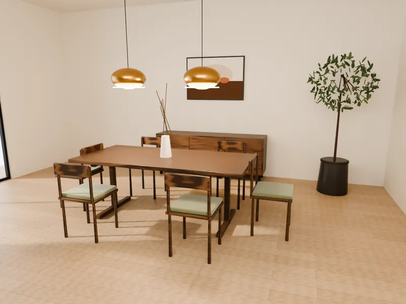 A walnut dining table with six olive upholstered chairs under brass pendant lights
