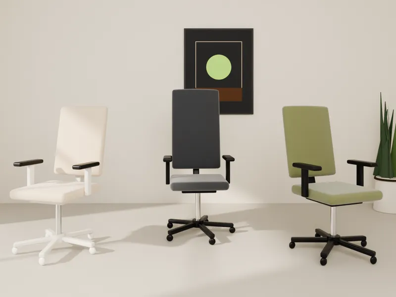 Three ergonomic office chairs in sand, graphite and olive fabric in a bright room