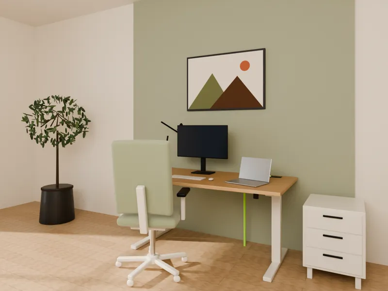 A light oak sit-stand desk with monitor, laptop, desk lamp and a white task chair