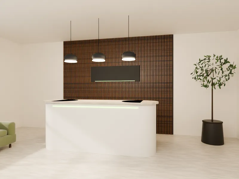 A white reception counter with a stone top, slatted walnut wall, pendant lights and waiting sofa