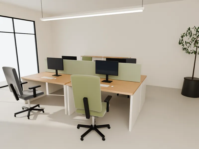 A four-person bench workstation with monitors, a central screen and task chairs