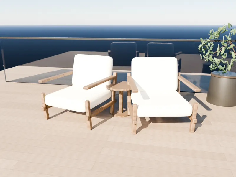 Two teak outdoor lounge chairs with cream cushions on a terrace