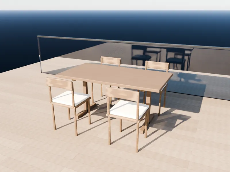 A teak outdoor dining table with four chairs on a terrace