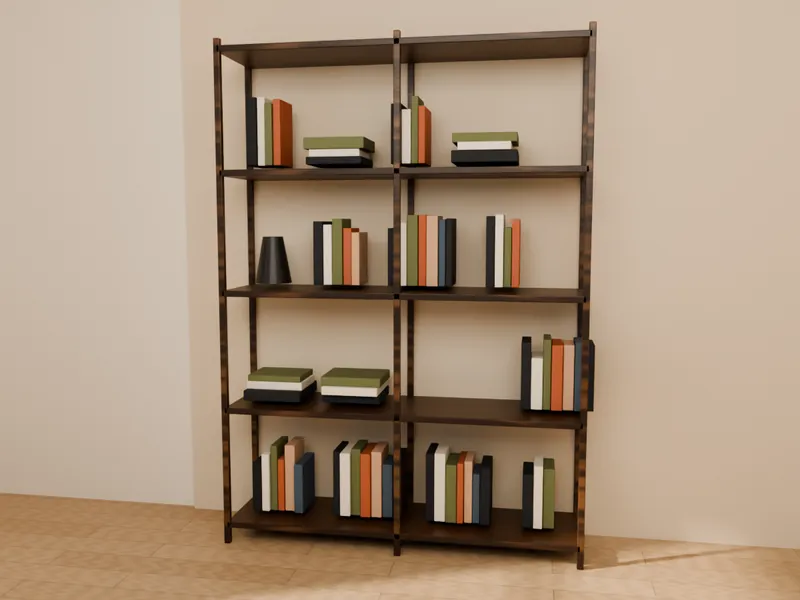 A walnut shelving unit with books, vases and decor