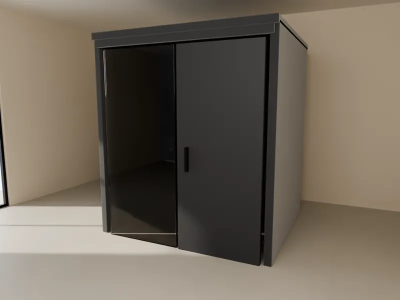 A felt-lined isolation booth with a glass front, door, chair and microphone