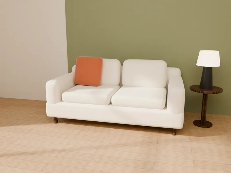 A cream two-seater sofa with a side table and lamp